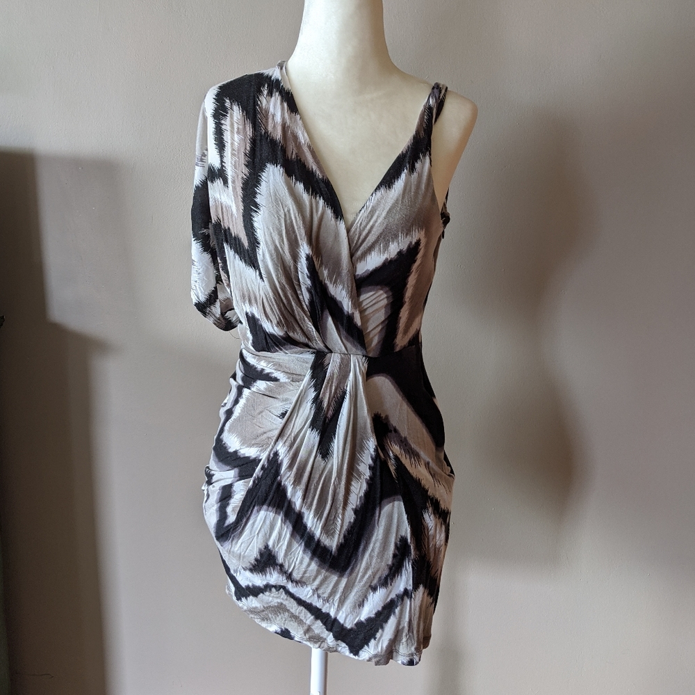 bebe Black and Cream Abstract Wrap Mini Dress